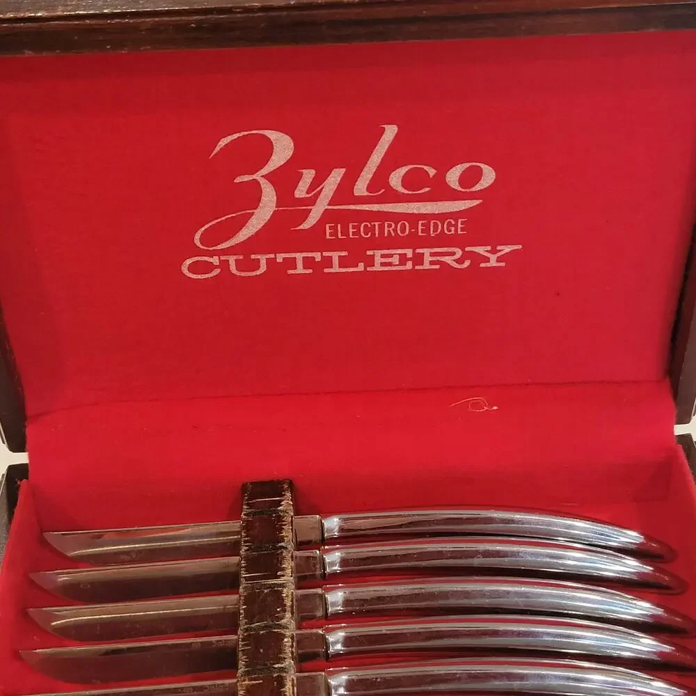 Vintage ZYLCO Electro Edge  Saladmaster 400 Set of 6 Knives Felt-Lined Wood Box